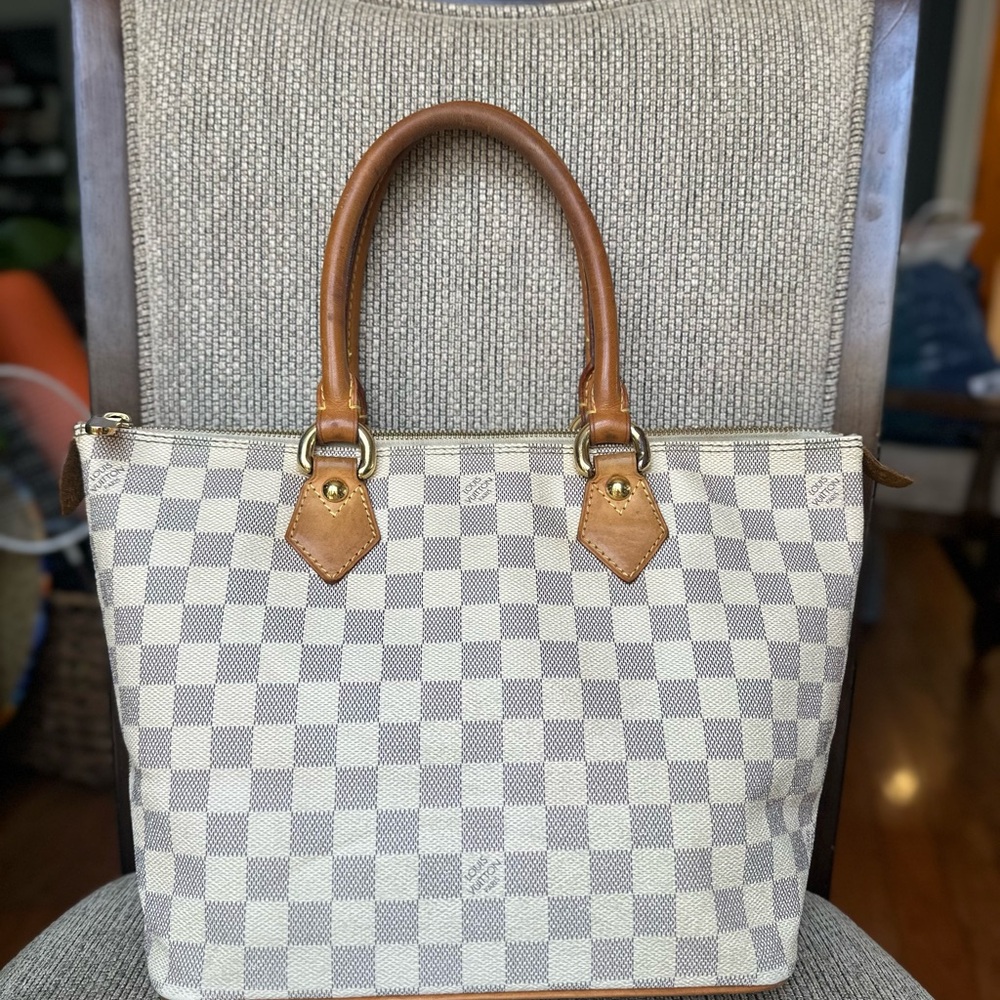 Louis Vuitton Gray and Tan Checkered Tote
